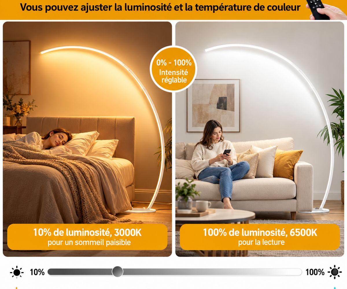 Lampadaire Arc LED 2000 lm – Intensité variable & télécommande