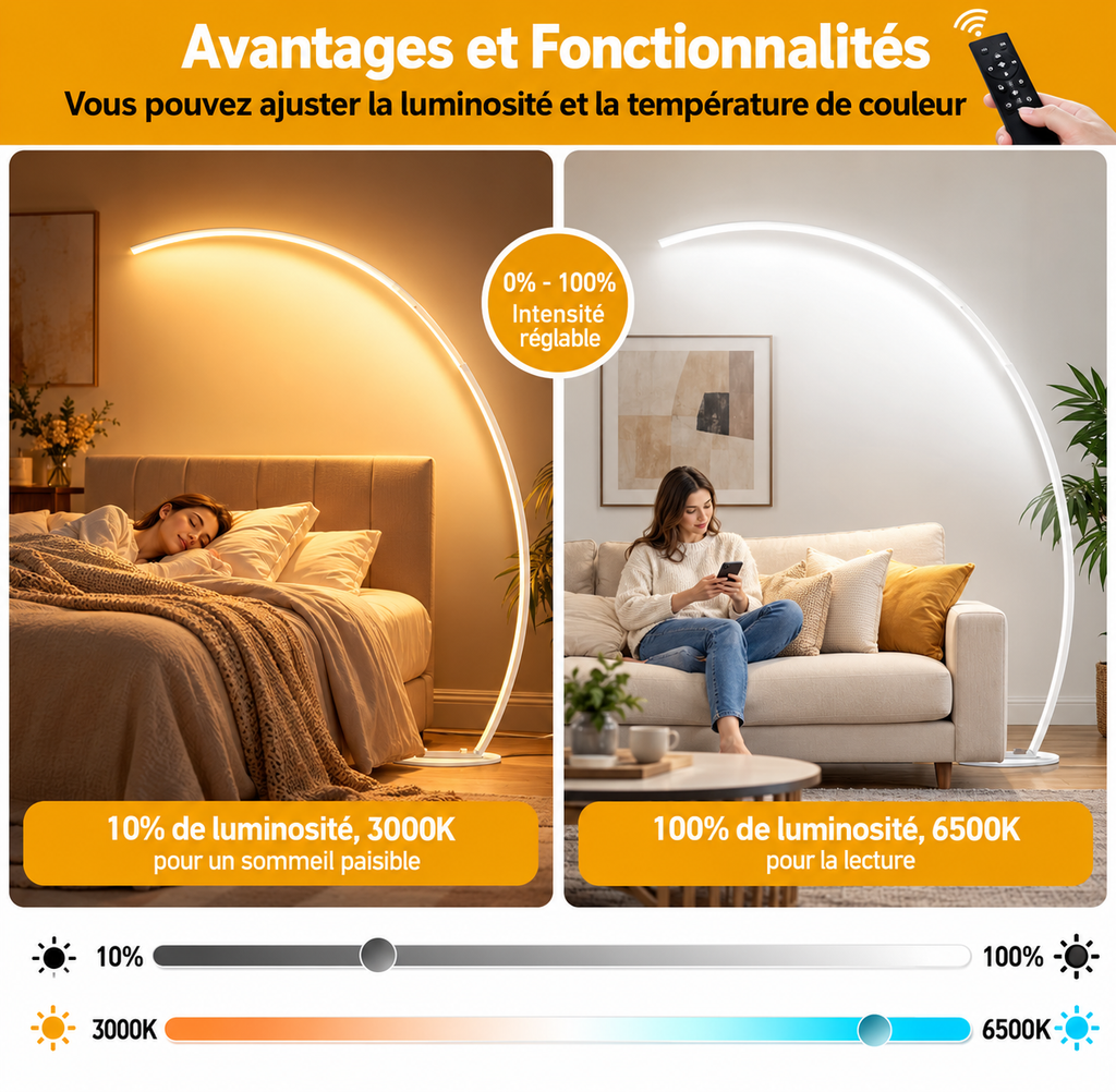 Lampadaire Arc LED 2000 lm – Intensité variable & télécommande