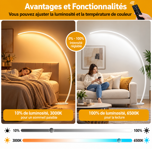 Lampadaire Arc LED 2000 lm – Intensité variable & télécommande