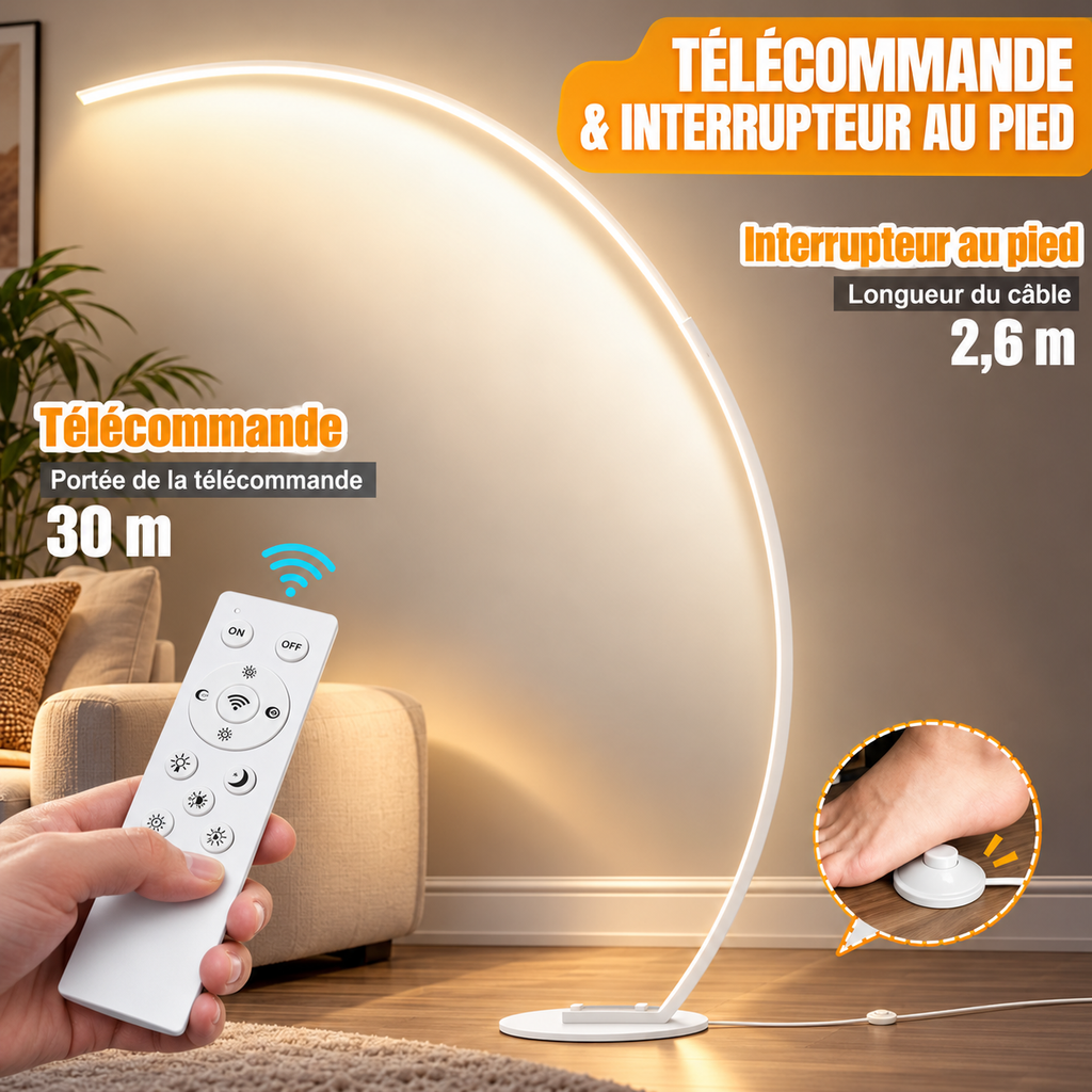 Lampadaire Arc LED 2000 lm – Intensité variable & télécommande